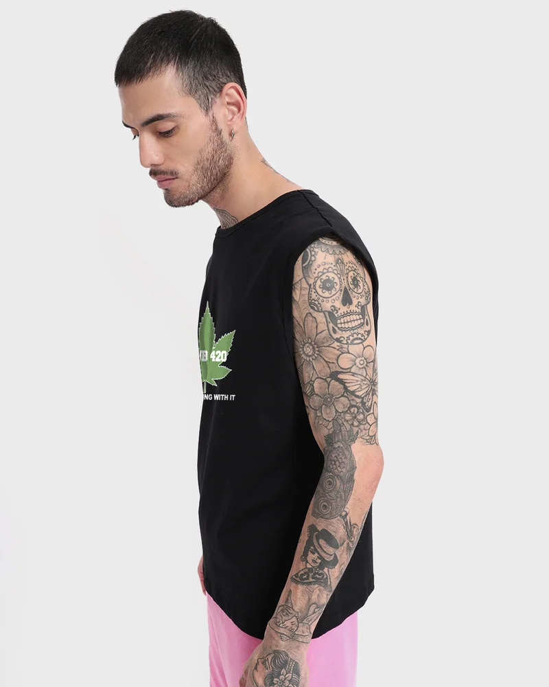 bewakoof Men's Jet Black 420 Club Graphic Printed Oversized Vest